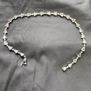 Silver Tone Clear Triangle Cut Glass Stone Tennis Style Bracelet w Accents 15"L